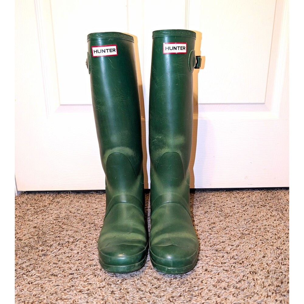 Hunter Waterproof Knee High Rubber Rain Boots Green Buckle Logo US 9 UK 7